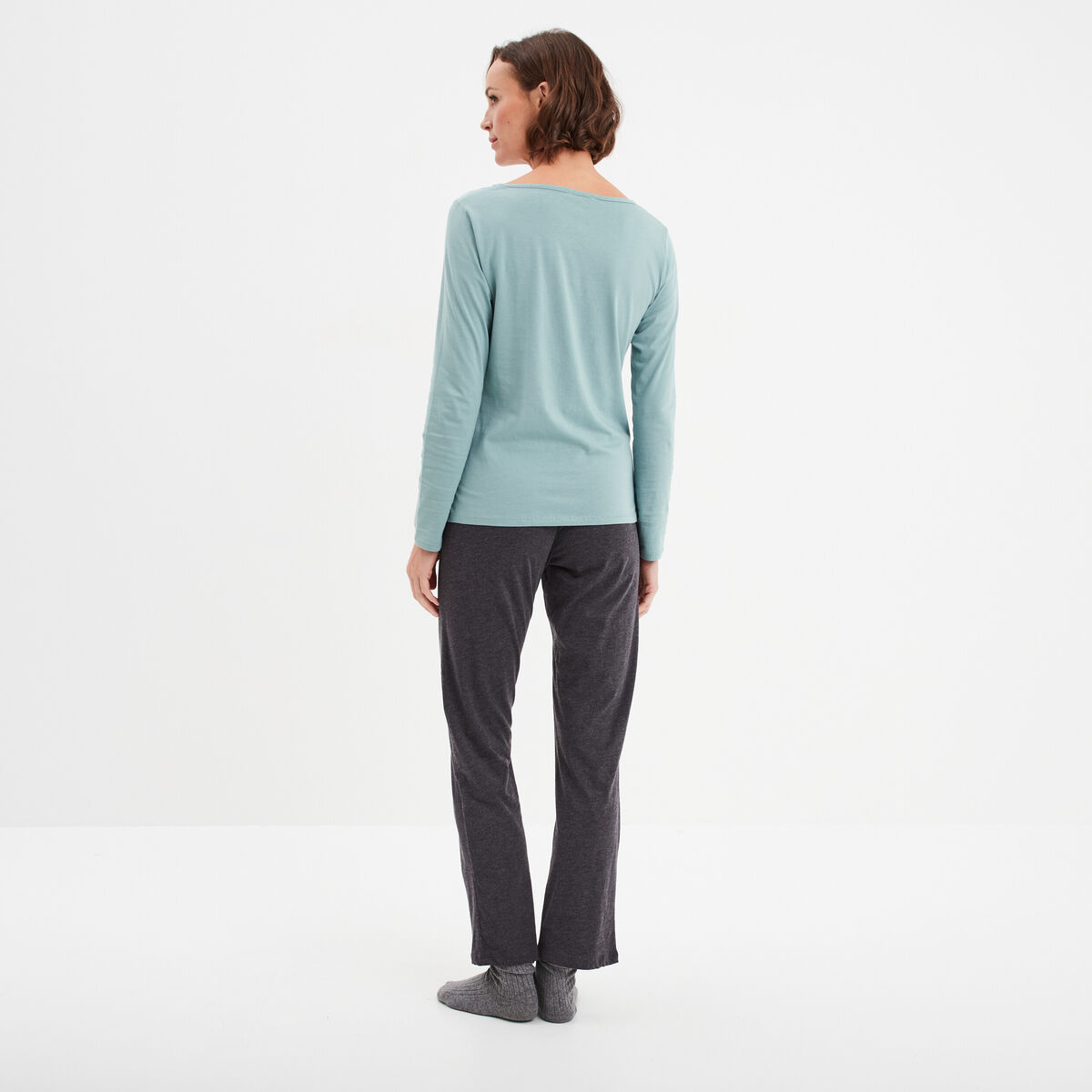 Ensemble pyjama pantalon 2 pièces coton bleu gris femme