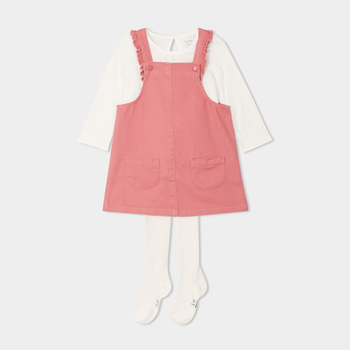 Ensemble 3 pièces avec robe salopette vieux rose bébé fille