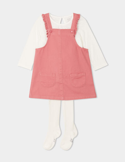 Ensemble 3 pièces avec robe salopette vieux rose bébé fille