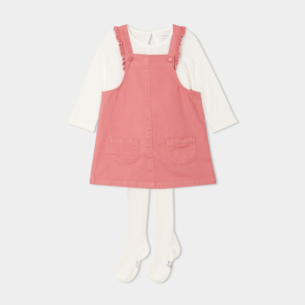 Ensemble 3 pièces avec robe salopette vieux rose bébé fille