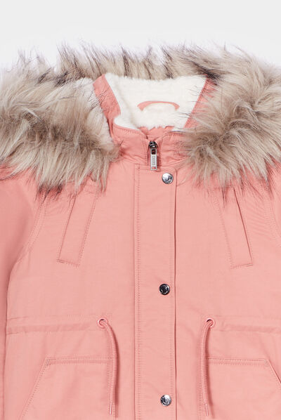 Parka à capuche avec fourrure vieux rose fille