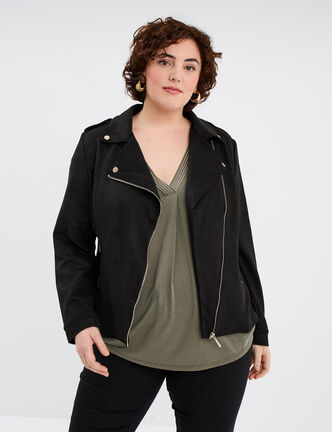 Blouson zippé effet suédine style biker noir femme grande taille