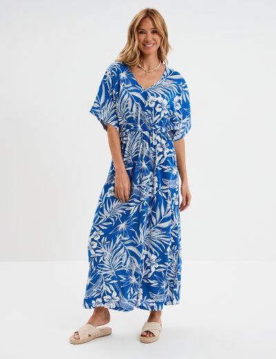Robe longue col en V manches courtes bleu electrique femme