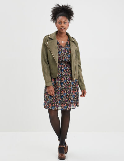 Robe évasée taille élastiquée col en V multicolore femme