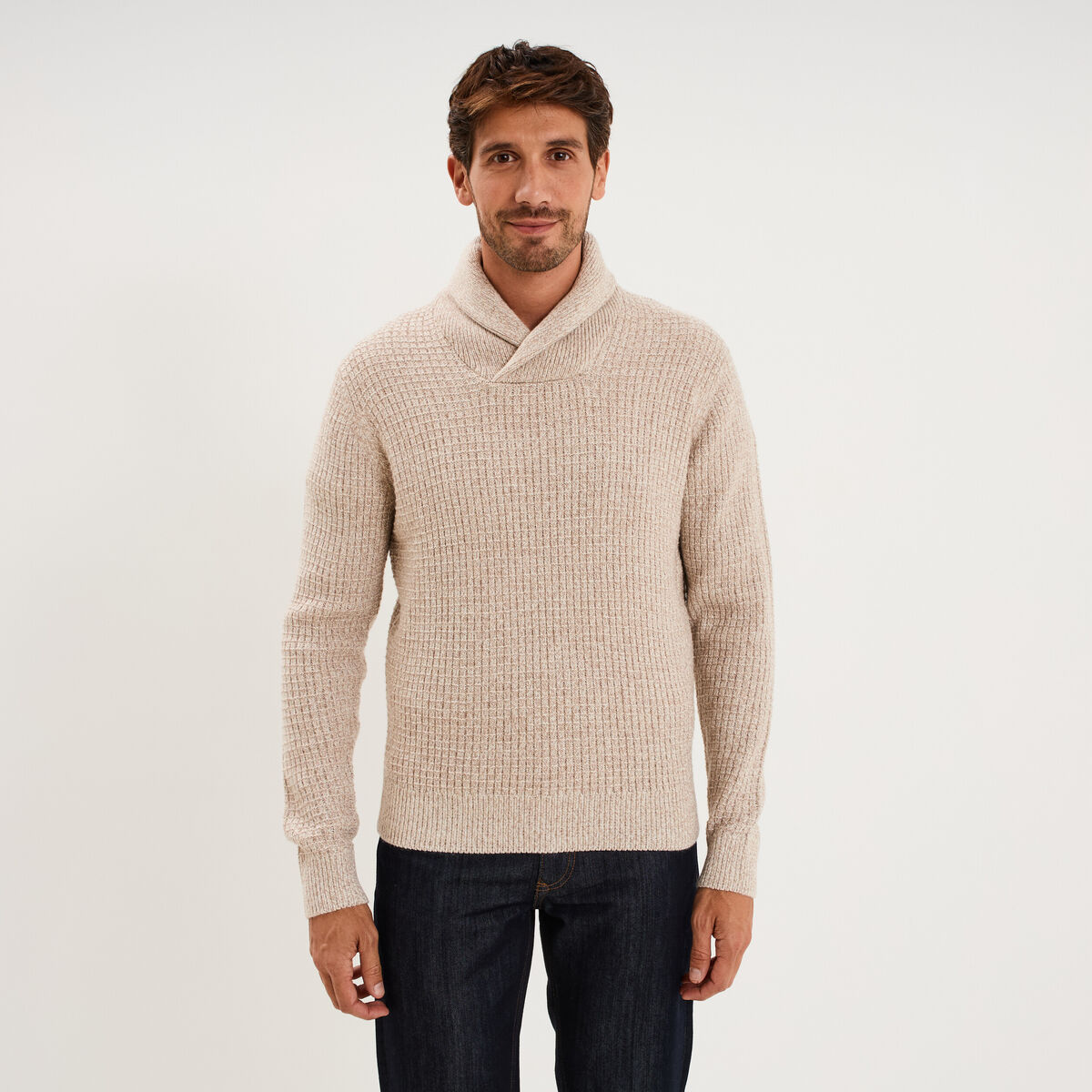 Pull col ch&acirc;le manches longues ecru homme