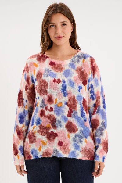 Pull col rond oversize manches longues ecru femme grande taille
