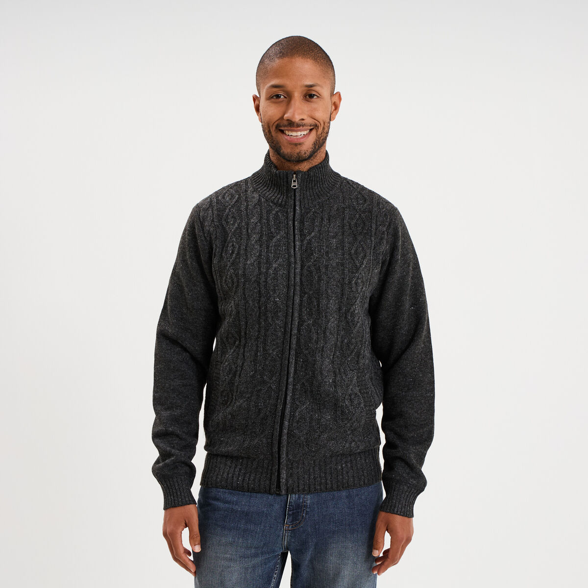 Gilet &agrave; torsades et col montant gris fonc&eacute; homme