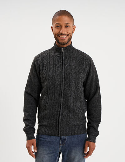 Gilet &agrave; torsades et col montant gris fonc&eacute; homme