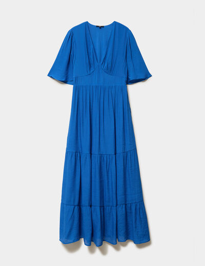 Robe longue fluide &agrave; volants bleu electrique femme