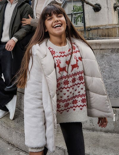Doudoune doubl&eacute;e &agrave; capuche r&eacute;versible ivoire fille