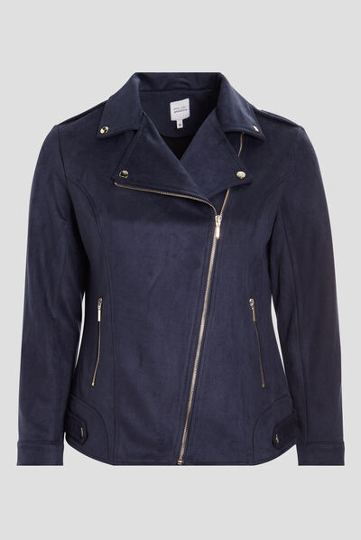 Blouson zippé effet suédine style biker bleu marine femme grande taille