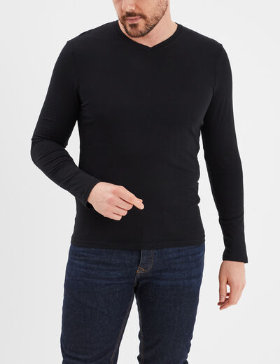 T-shirt col en V manches longues coton noir homme