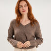Pull col en V manches longues taupe femme