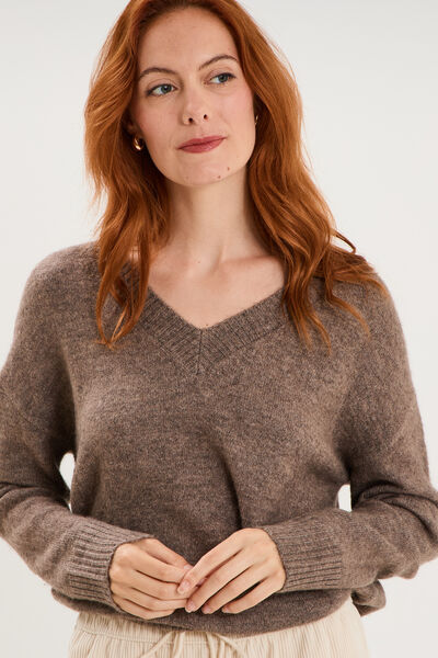 Pull col en V manches longues taupe femme
