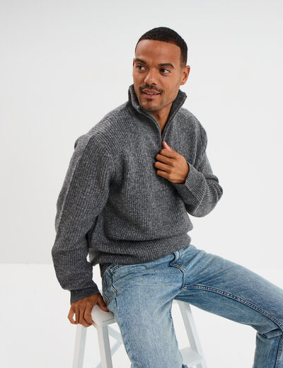 Pull avec col camionneur côtelé gris foncé homme
