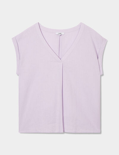 Blouse col V manches courtes lin mélangé violet clair femme