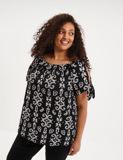 T-shirt gaufr&eacute; avec manches &agrave; noeuds noir femme grande taille