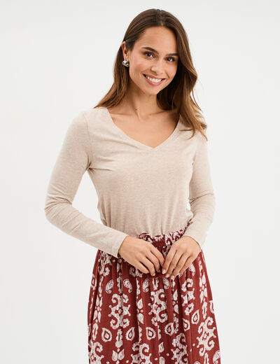 T-shirt col en V manches longues coton beige femme