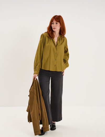 Blouse col montant dentelle vert olive femme