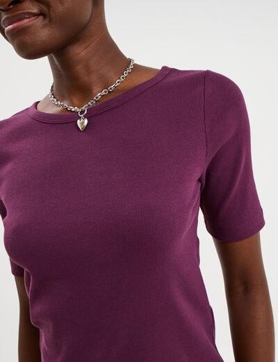 T-shirt col rond manches courtes coton prune femme