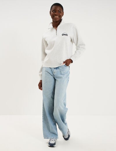 Sweat col camionneur zipp&eacute; gris clair femme