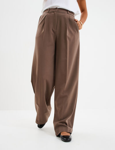 Pantalon large &agrave; pinces beige femme