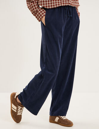Pantalon large effet velours c&ocirc;tel&eacute; bleu marine femme