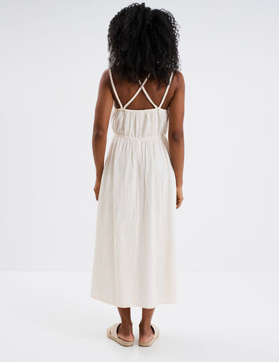 Robe midi buste macramé en gaze de coton creme femme