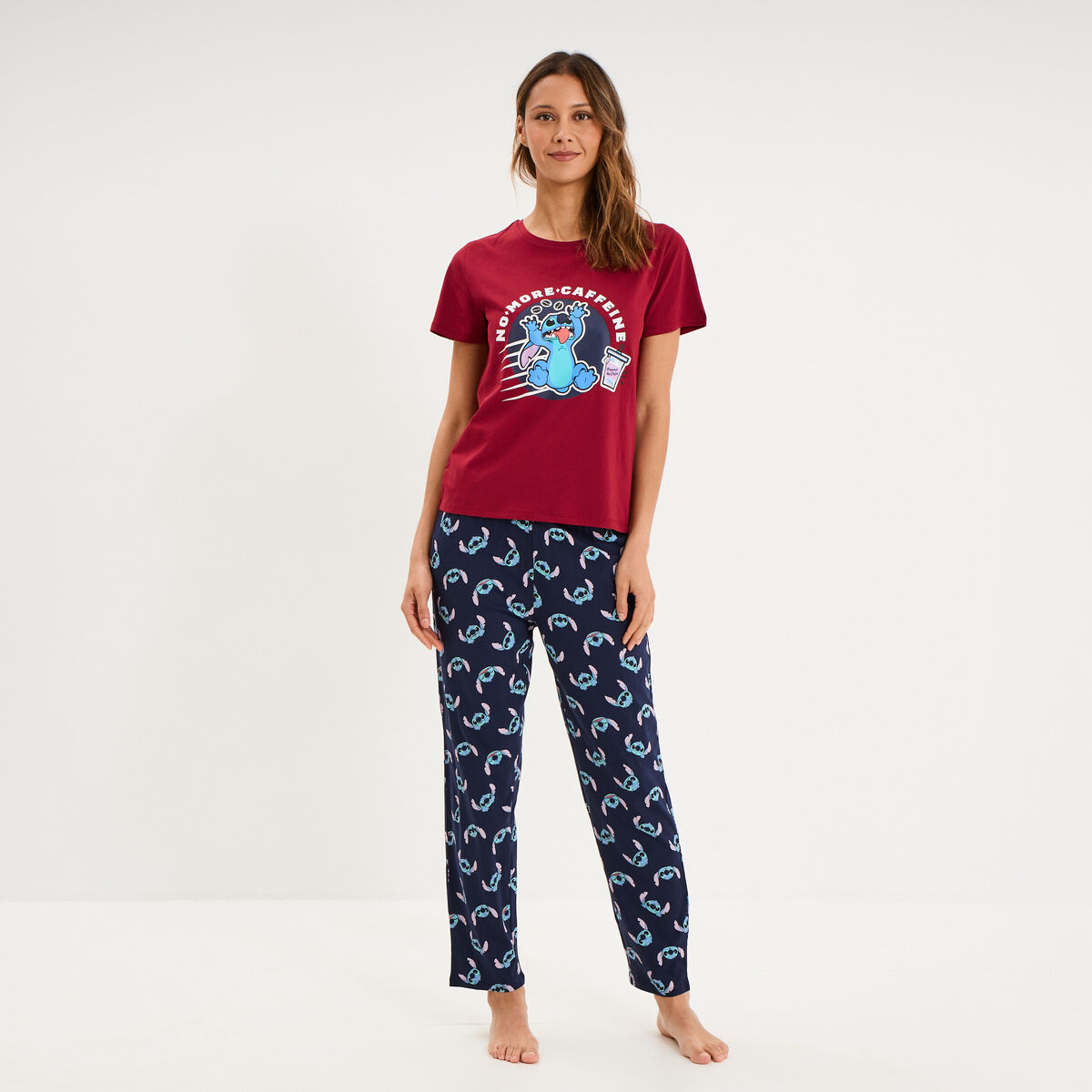 Ensemble pyjama pantalon t-shirt Stitch bordeaux femme