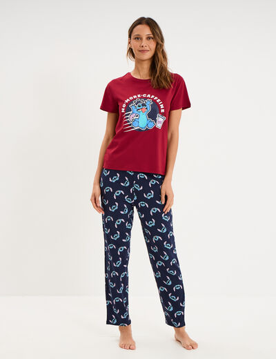 Ensemble pyjama pantalon t-shirt Stitch bordeaux femme