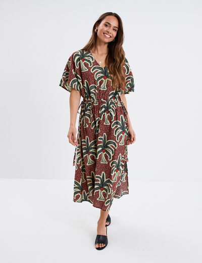 Robe midi cordons noués taille bordeaux femme
