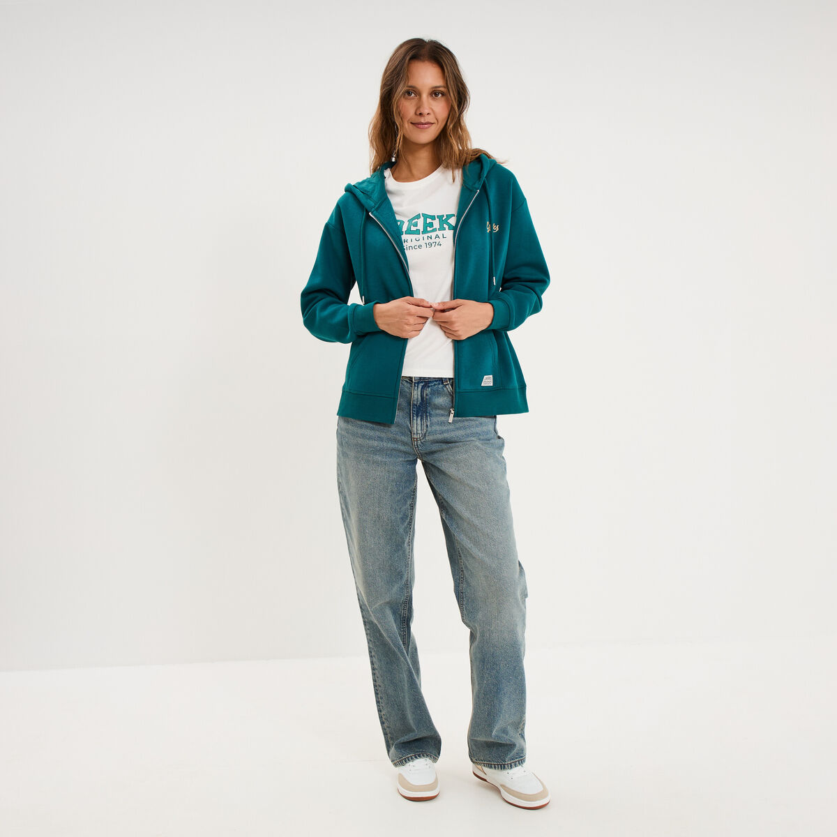 Sweat zipp&eacute; &agrave; capuche vert fonc&eacute; femme