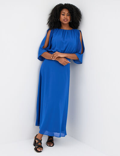 Robe midi manches 3/4 fendues bleu roi femme