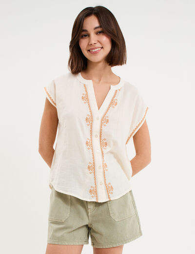 Blouse brod&eacute;e manches courtes ecru femme