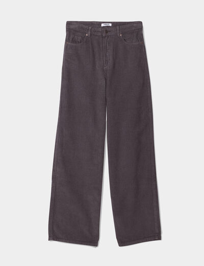 Pantalon velours taille haute large gris foncé femme