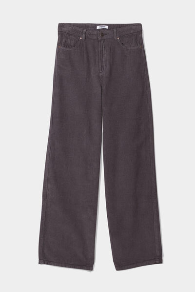 Pantalon velours taille haute large gris foncé femme