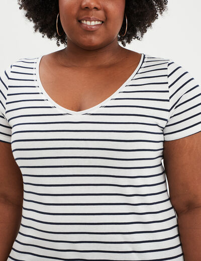 T-shirt col en V manches courtes coton ecru femme grande taille