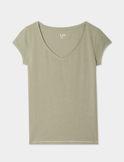 T-shirt col V ajusté manches courtes vert kaki femme