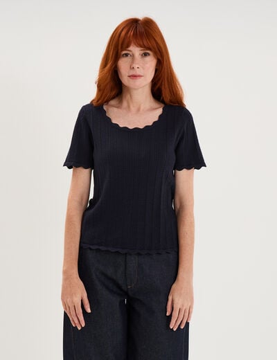 Pull ajour&eacute; col rond manches courtes bleu fonc&eacute; femme