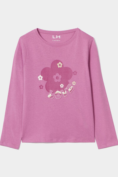T-shirt col rond manches longues coton violet fille