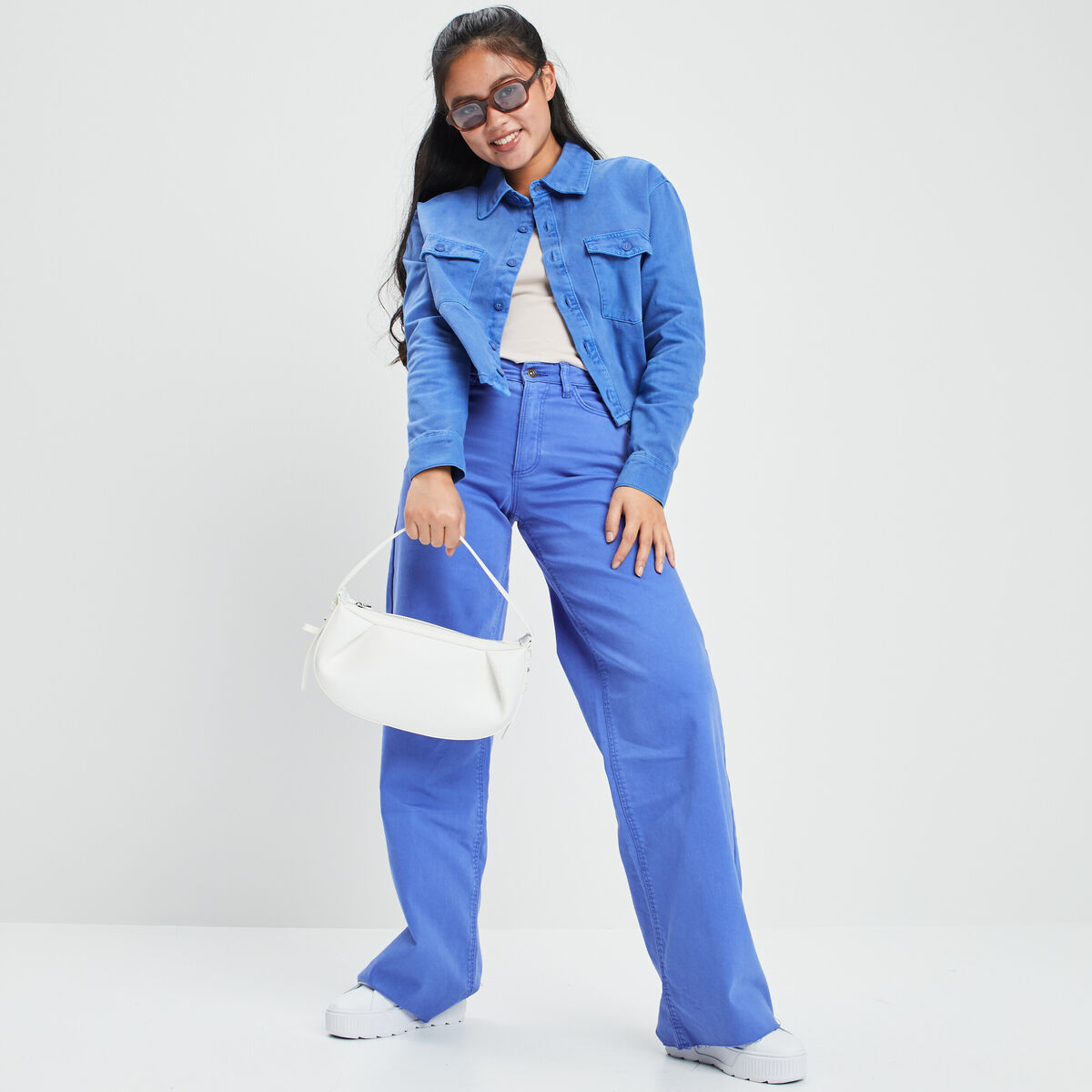 Surchemise cropped manches longues bleu electrique femme