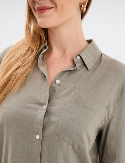 Chemise mélange lin manches longues vert kaki femme