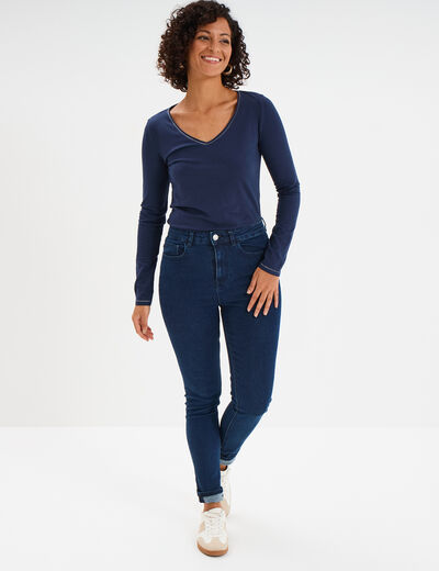 T-shirt manches longues col en V coton bleu marine femme