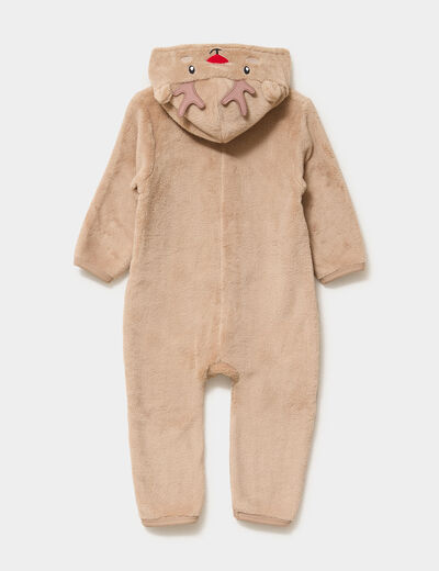 Pyjama No&euml;l effet velours &agrave; capuche taupe b&eacute;b&eacute;