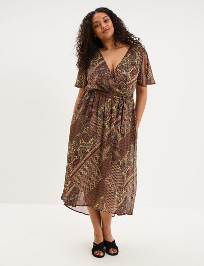 Robe longue fluide col en V ceintur&eacute;e vert kaki femme grande taille