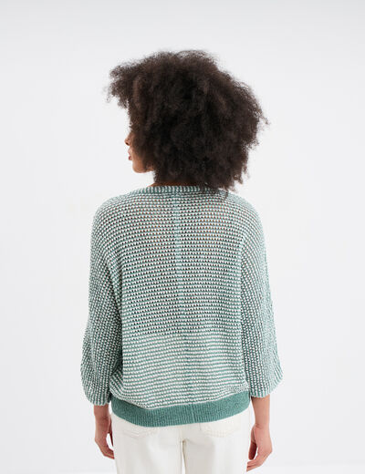 Pull ajouré effet crochet manches 3/4 bleu gris femme