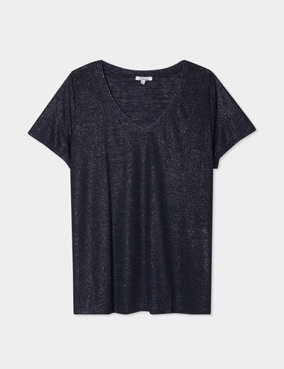 T-shirt col en V manches courtes bleu foncé femme grande taille