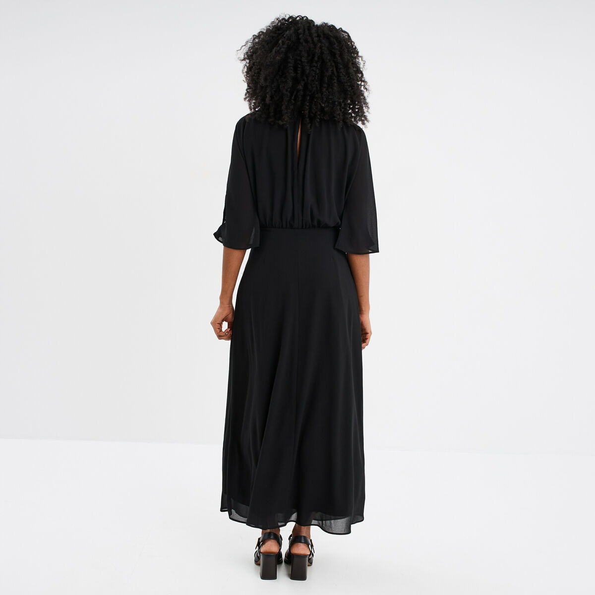 Robe midi manches 3/4 fendues noir femme