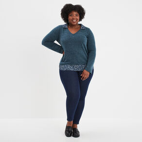 pull effet 2 en 1 manches longues vert fonce femmegt Pull effet 2-en-1 manches longues vert foncé femme grande taille