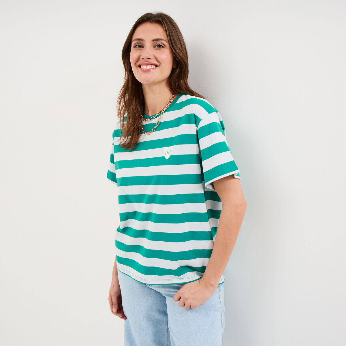 T-shirt droit &agrave; manches courtes coton vert canard femme